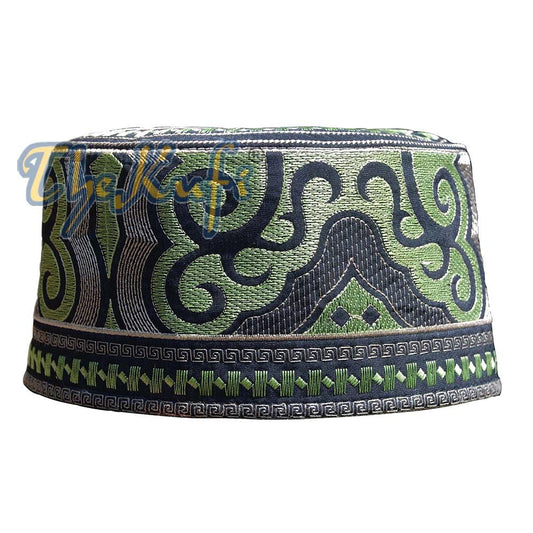 Omani Kufi Hat Black Green & Silver Embroidery