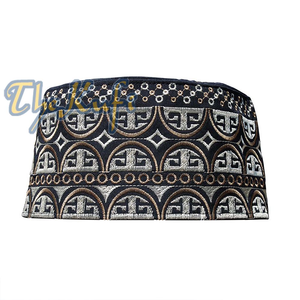 Tall Omani Kufi Hat Black Light & Dark Brown Embroidery