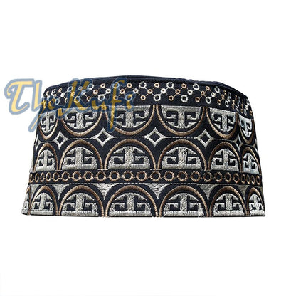 Tall Omani Kufi Hat Black Light & Dark Brown Embroidery