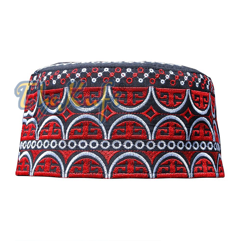 Tall Omani Kufi Black Red & Silver Embroidery