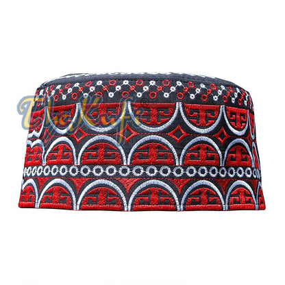 Tall Omani Kufi Black Red & Silver Embroidery