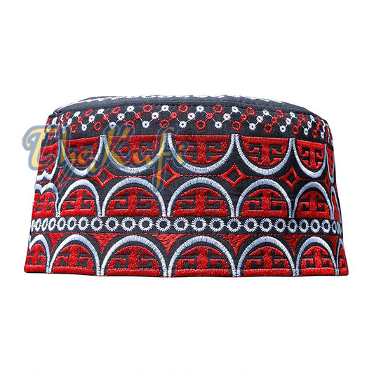 Tall Omani Kufi Black Red & Silver Embroidery