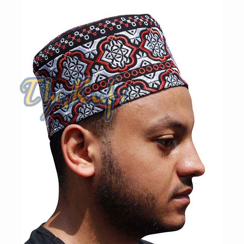 Tall Omani Kufi Hat Black Red & Silver Embroidery