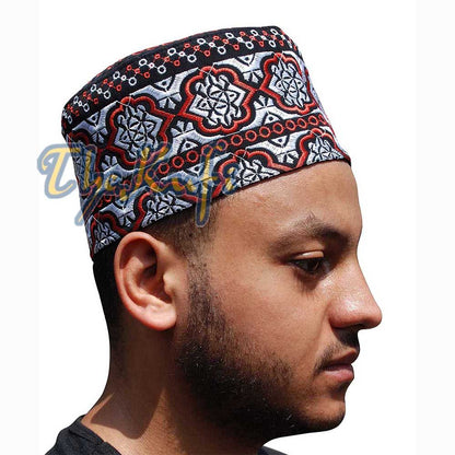 Tall Omani Kufi Hat Black Red & Silver Embroidery