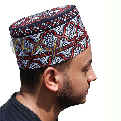 Tall Omani Kufi Hat Black Red & Silver Embroidery
