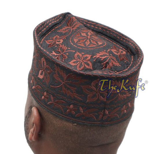 Dark Brown Omani African Yemeni Embroidered Leaf & Flower Design Muslim Kufi Hat