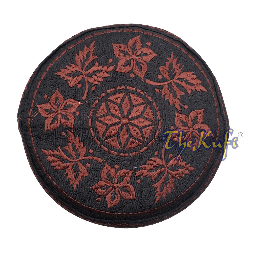 Dark Brown Omani African Yemeni Embroidered Leaf & Flower Design Muslim Kufi Hat