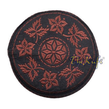 Dark Brown Omani African Yemeni Embroidered Leaf & Flower Design Muslim Kufi Hat
