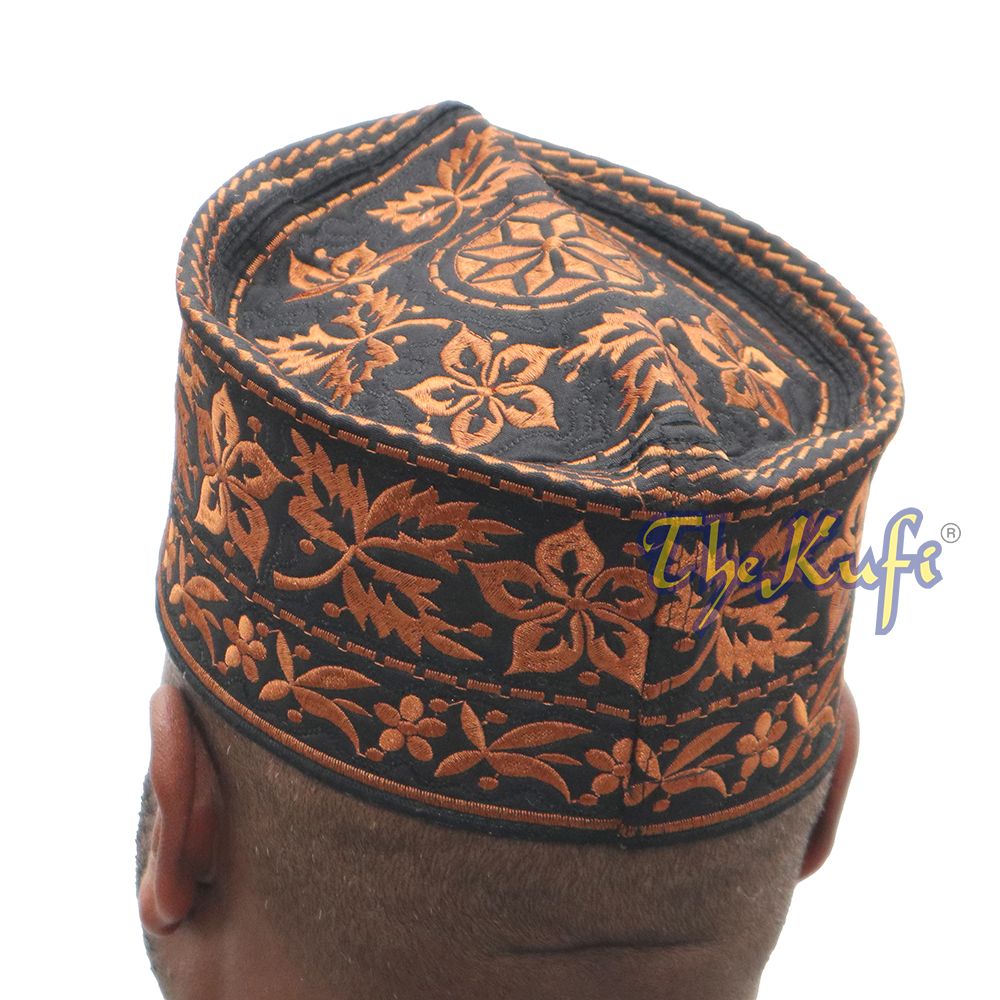 Rust Brown Omani African Yemeni Embroidered Leaf & Flower Design Muslim Kufi Hat