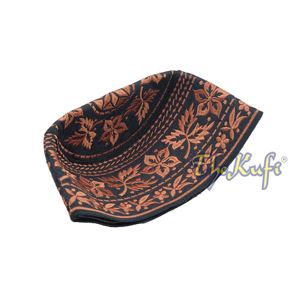 Rust Brown Omani African Yemeni Embroidered Leaf & Flower Design Muslim Kufi Hat