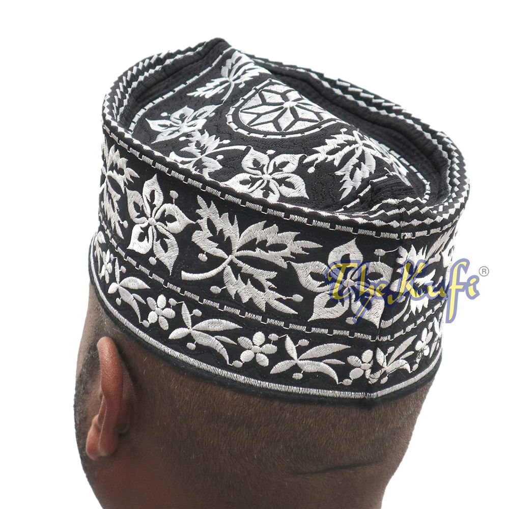 Silver Omani African Yemeni Embroidered Leaf & Flower Design Muslim Kufi Hat