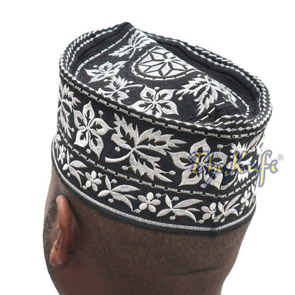 Silver Omani African Yemeni Embroidered Leaf & Flower Design Muslim Kufi Hat