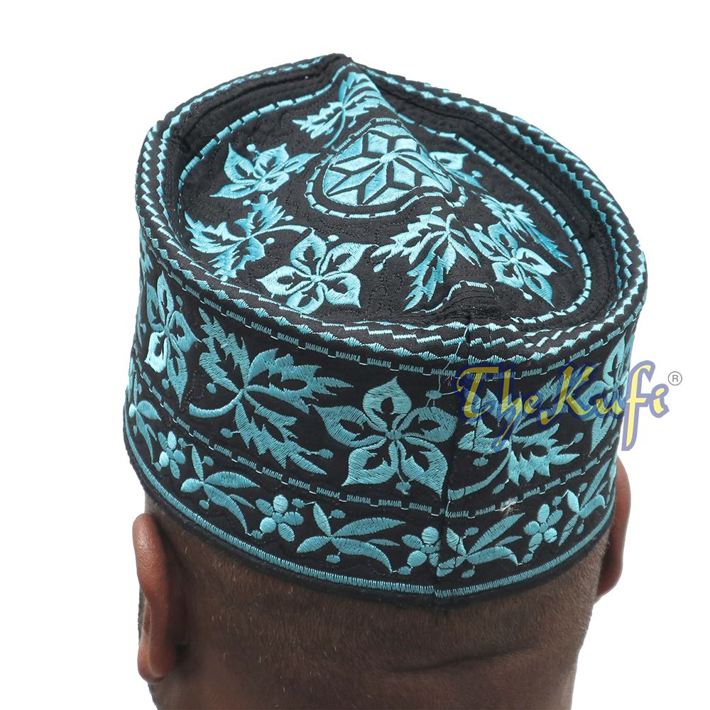 Turquoise Omani African Yemeni Embroidered Leaf & Flower Design Muslim Kufi Hat