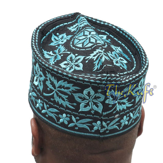 Turquoise Omani African Yemeni Embroidered Leaf & Flower Design Muslim Kufi Hat