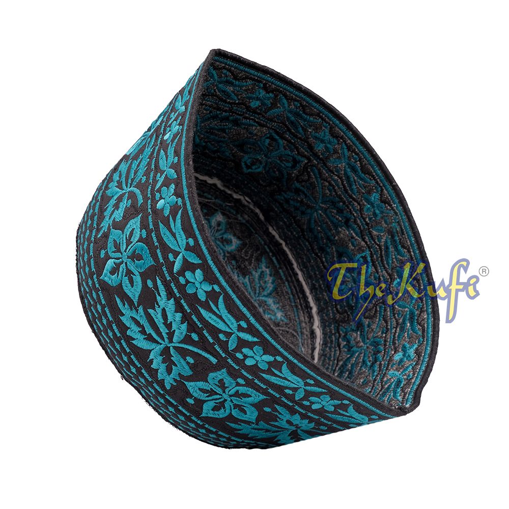 Turquoise Omani African Yemeni Embroidered Leaf & Flower Design Muslim Kufi Hat