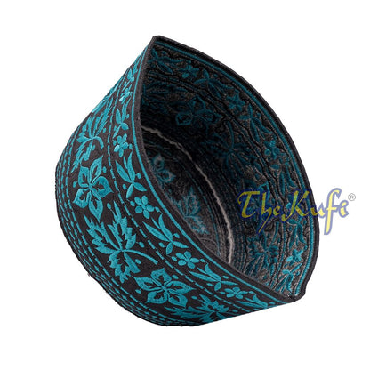 Turquoise Omani African Yemeni Embroidered Leaf & Flower Design Muslim Kufi Hat