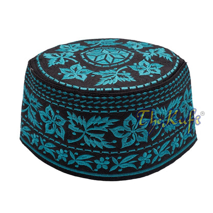 Turquoise Omani African Yemeni Embroidered Leaf & Flower Design Muslim Kufi Hat