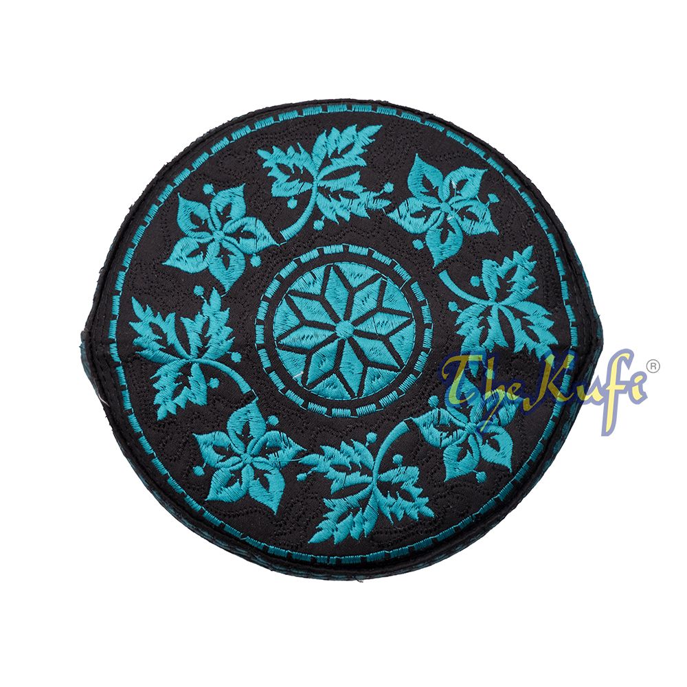 Turquoise Omani African Yemeni Embroidered Leaf & Flower Design Muslim Kufi Hat