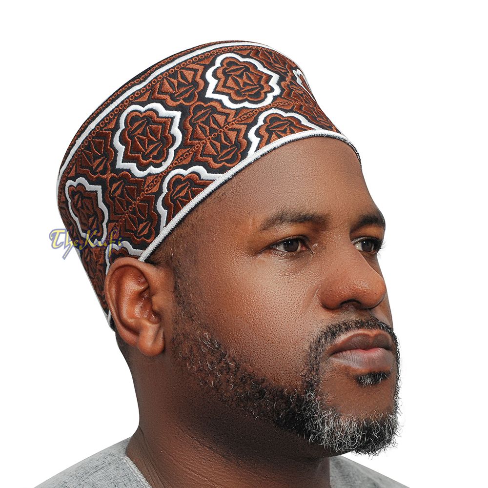 Tall Brown White Omani-Style African Kenyan Muslim Kufi Hat 4-inch Embroidered Minar Arabesque Motif Tupi
