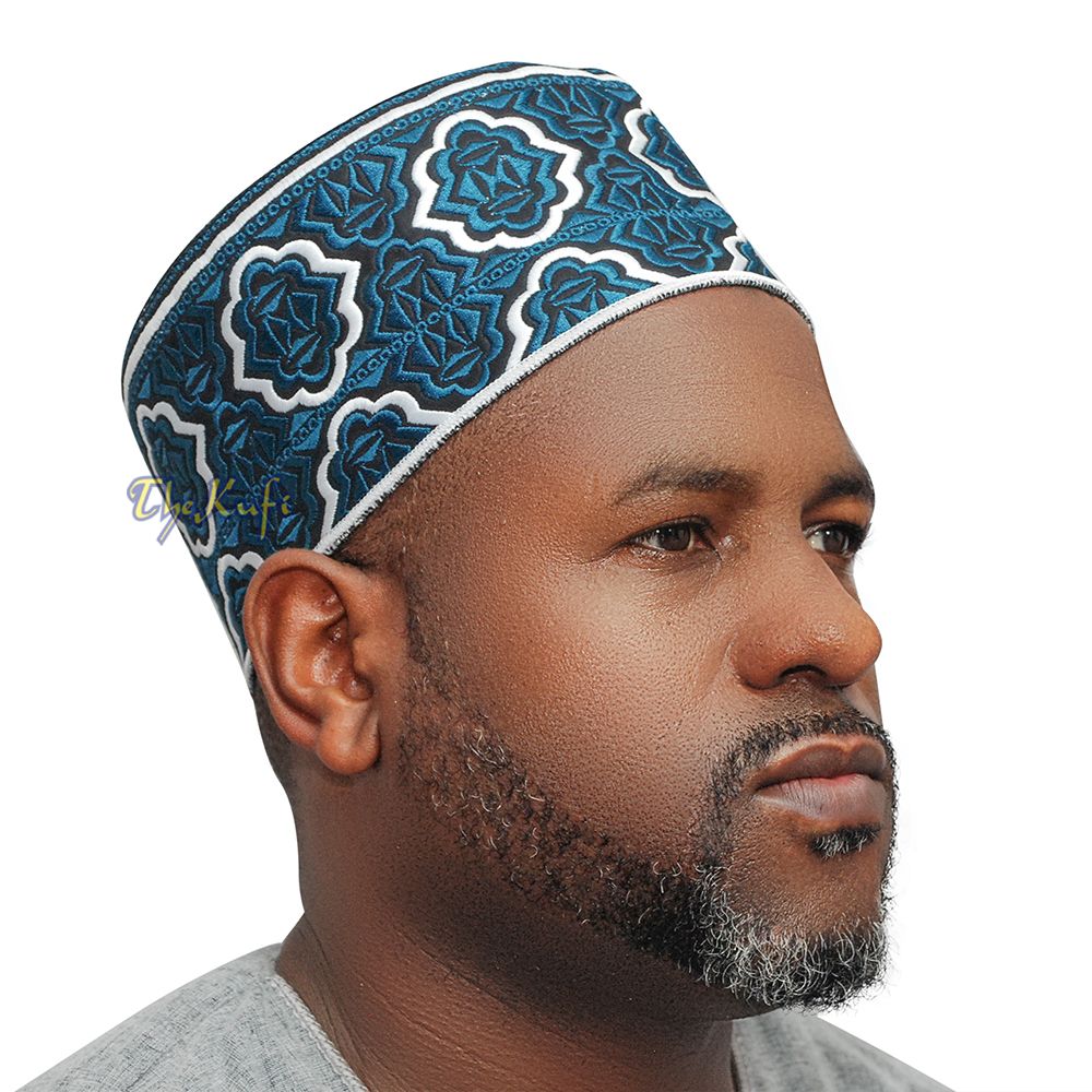 Tall Dark Blue White Omani-Style African Kenyan Muslim Kufi Hat 4-inch Embroidered Minar Arabesque Motif Black Base
