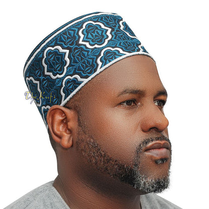 Tall Dark Blue White Omani-Style African Kenyan Muslim Kufi Hat 4-inch Embroidered Minar Arabesque Motif Black Base