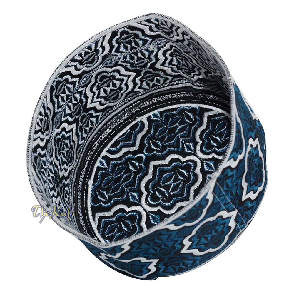 Tall Dark Blue White Omani-Style African Kenyan Muslim Kufi Hat 4-inch Embroidered Minar Arabesque Motif Black Base