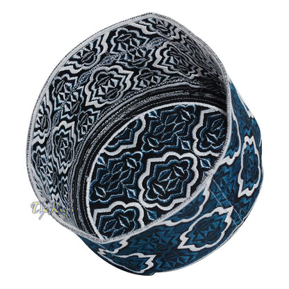 Tall Dark Blue White Omani-Style African Kenyan Muslim Kufi Hat 4-inch Embroidered Minar Arabesque Motif Black Base
