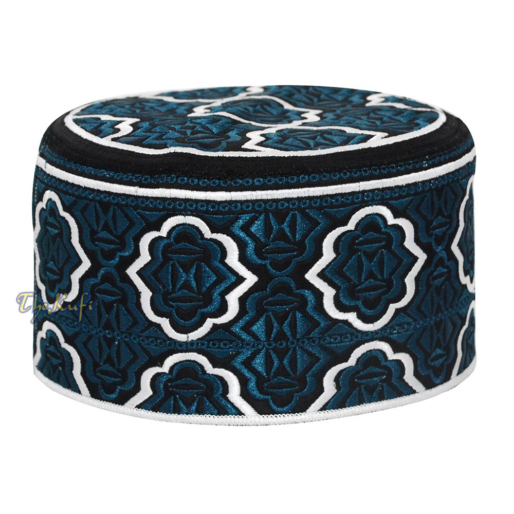 Tall Dark Blue White Omani-Style African Kenyan Muslim Kufi Hat 4-inch Embroidered Minar Arabesque Motif Black Base