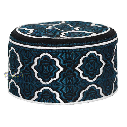 Tall Dark Blue White Omani-Style African Kenyan Muslim Kufi Hat 4-inch Embroidered Minar Arabesque Motif Black Base