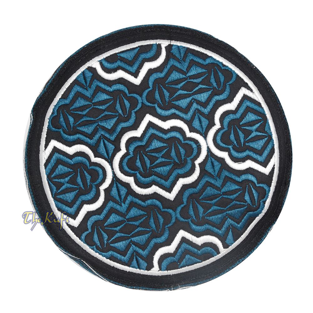 Tall Dark Blue White Omani-Style African Kenyan Muslim Kufi Hat 4-inch Embroidered Minar Arabesque Motif Black Base