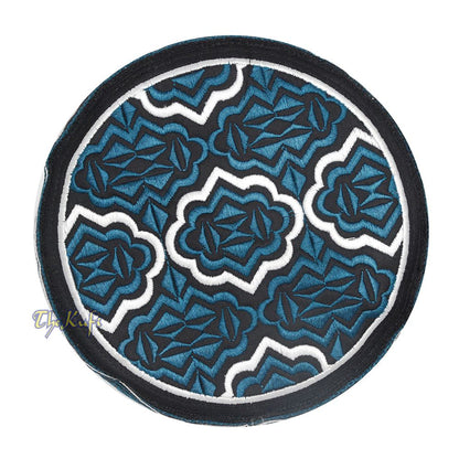 Tall Dark Blue White Omani-Style African Kenyan Muslim Kufi Hat 4-inch Embroidered Minar Arabesque Motif Black Base
