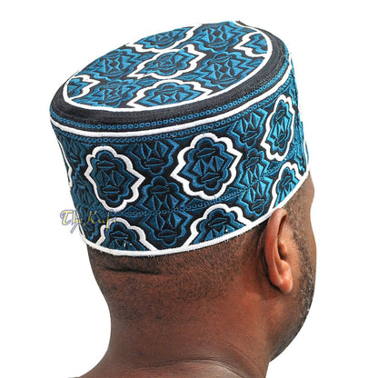 Tall Dark Blue White Omani-Style African Kenyan Muslim Kufi Hat 4-inch Embroidered Minar Arabesque Motif Black Base