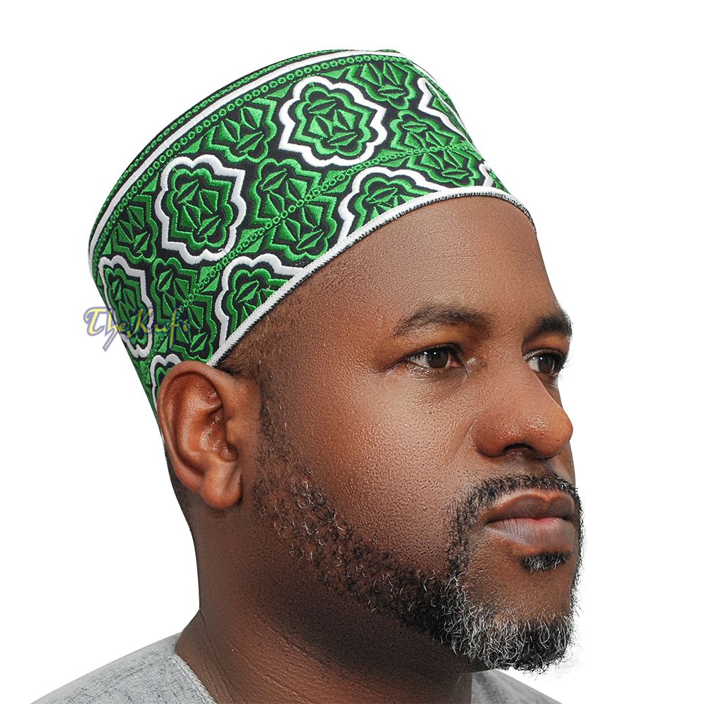 Madinah Green Muslim Omani Kufi Hat 4-inch Tall Minar Design Black White Accent Islamic African Fashion Prayer Cap