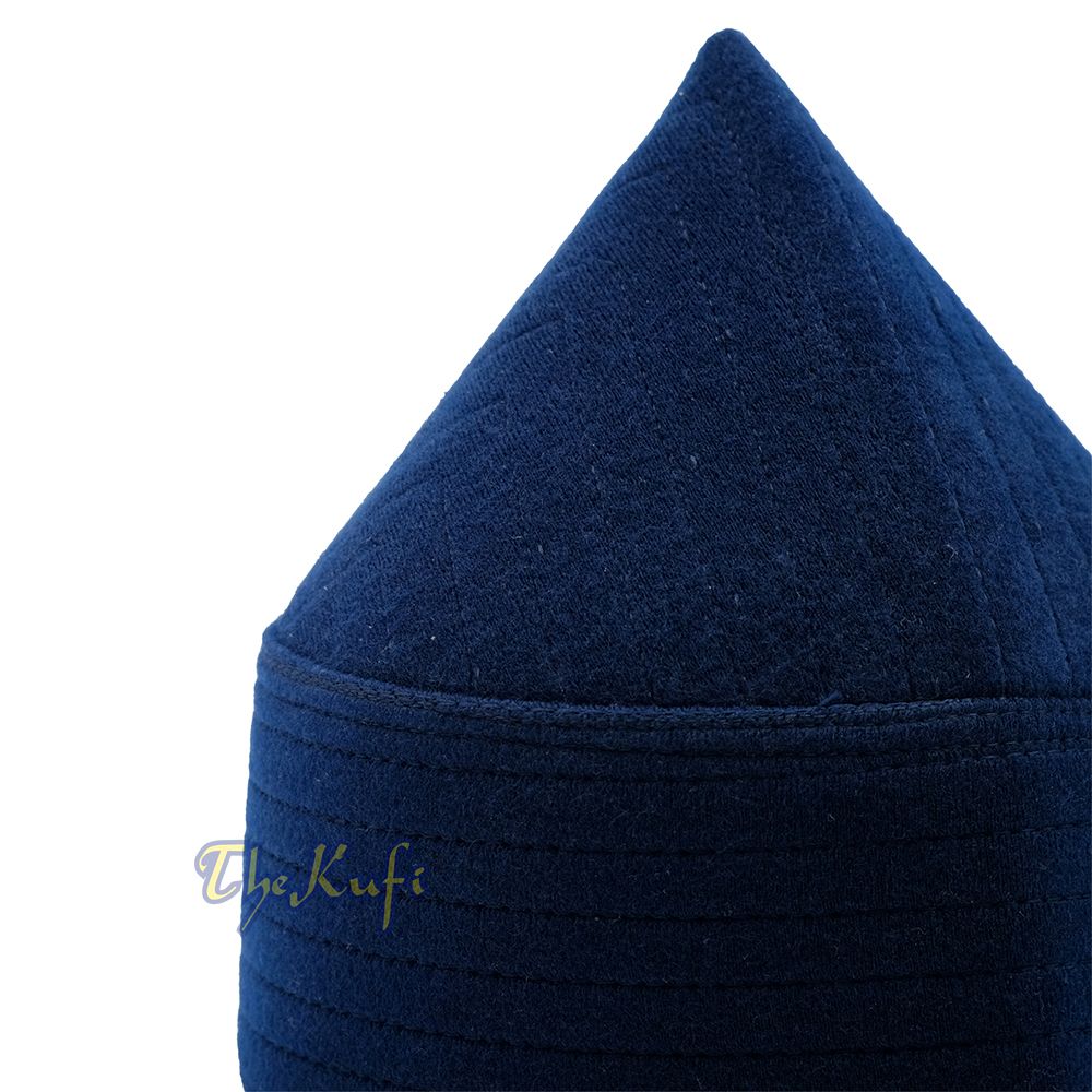 Navy Blue Naqshibandi Sufi Taj Faux Felt Stitching Pointed Design Top Padded Kufi Hat