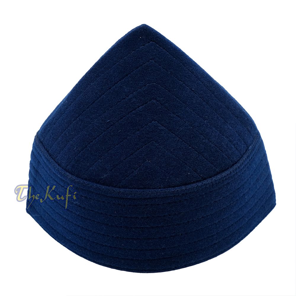 Navy Blue Naqshibandi Sufi Taj Faux Felt Stitching Pointed Design Top Padded Kufi Hat
