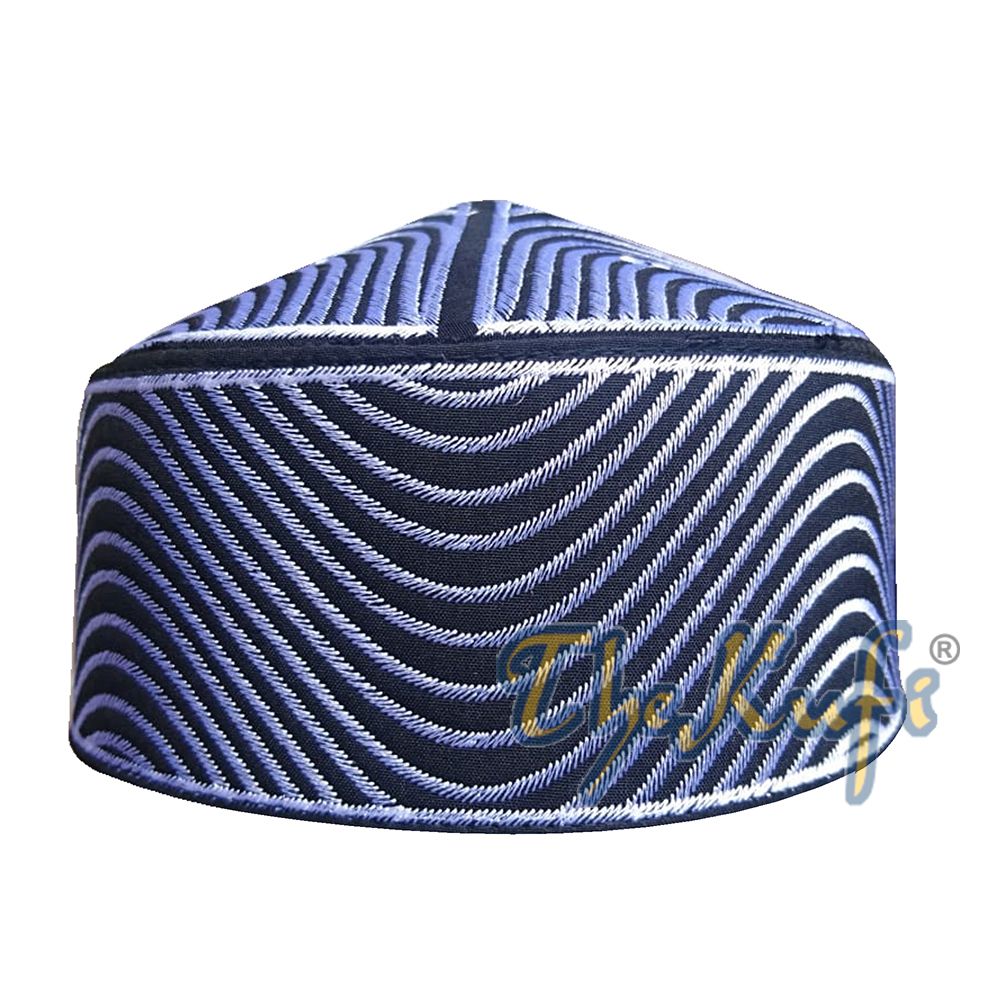 Exclusive Black Round Peak-Top Wave Design Kufi Hat with Silver-Tone Embroidery Semi-Rigid Taj Crown Cap