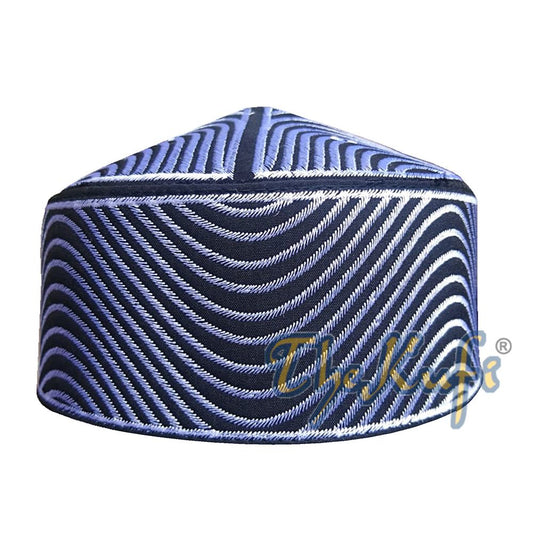 Exclusive Black Round Peak-Top Wave Design Kufi Hat with Silver-Tone Embroidery Semi-Rigid Taj Crown Cap