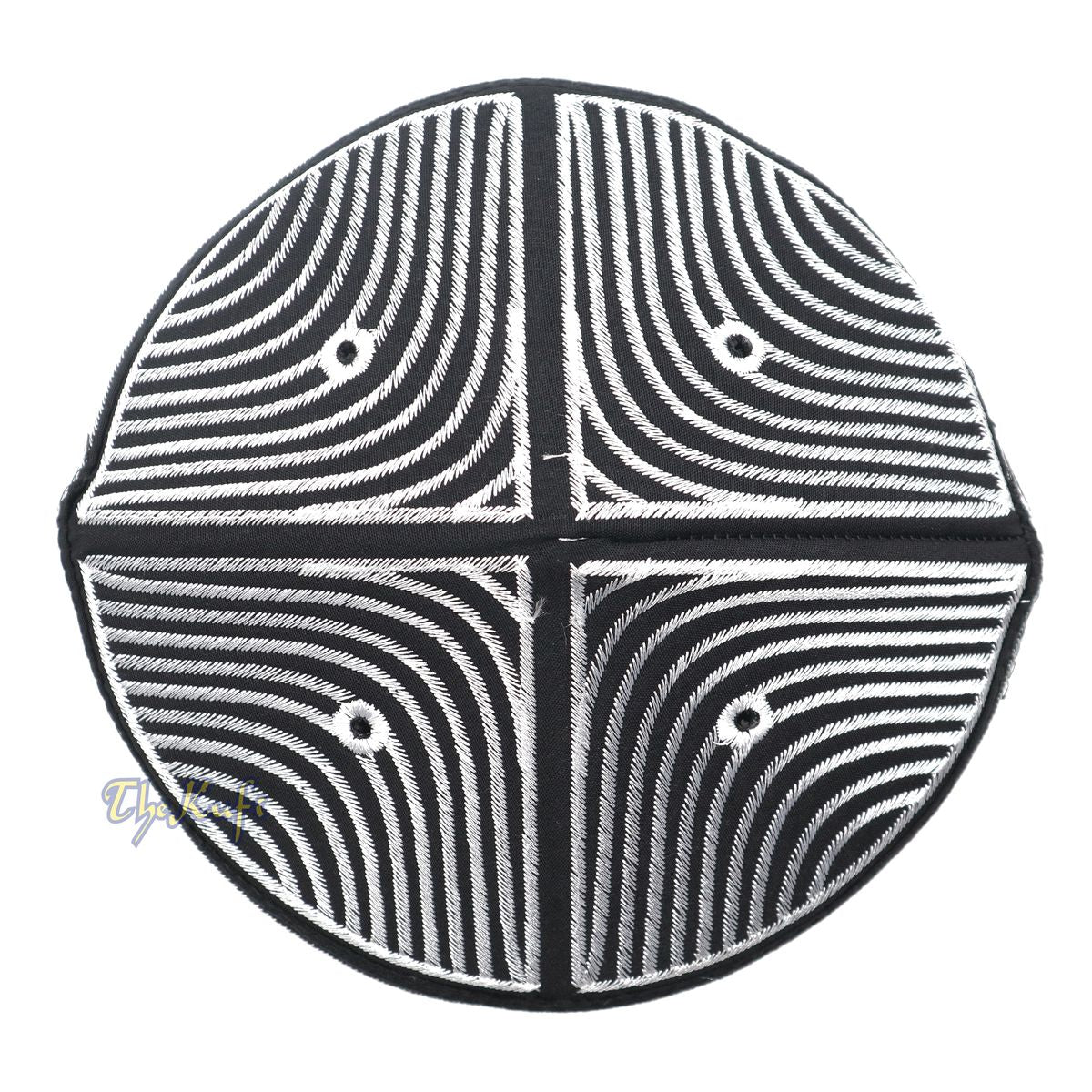 Exclusive Black Round Peak-Top Wave Design Kufi Hat with Silver-Tone Embroidery Semi-Rigid Taj Crown Cap