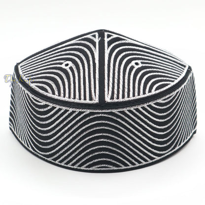 Exclusive Black Round Peak-Top Wave Design Kufi Hat with Silver-Tone Embroidery Semi-Rigid Taj Crown Cap