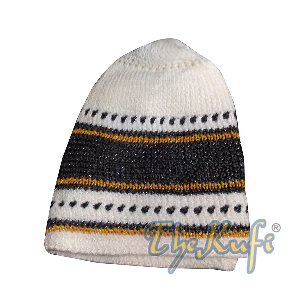 Cream Dark Gray with Gold Thread Cotton Stretch Kufi Hat