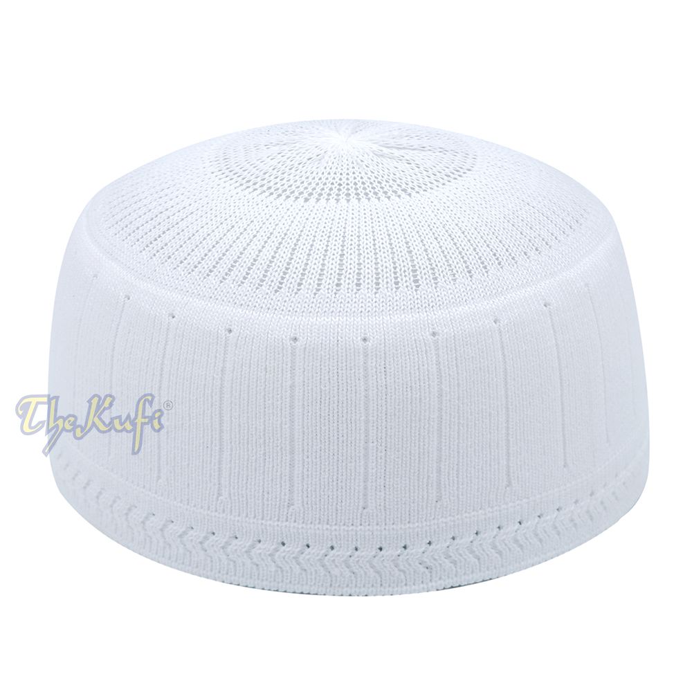 White Vertical Lined Cotton Stretch-Knit Kufi Hat Skull Cap