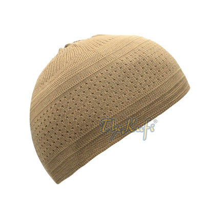 Light Brown Cotton Stretch-Knit Kufi Double Layer Woven Design Hat