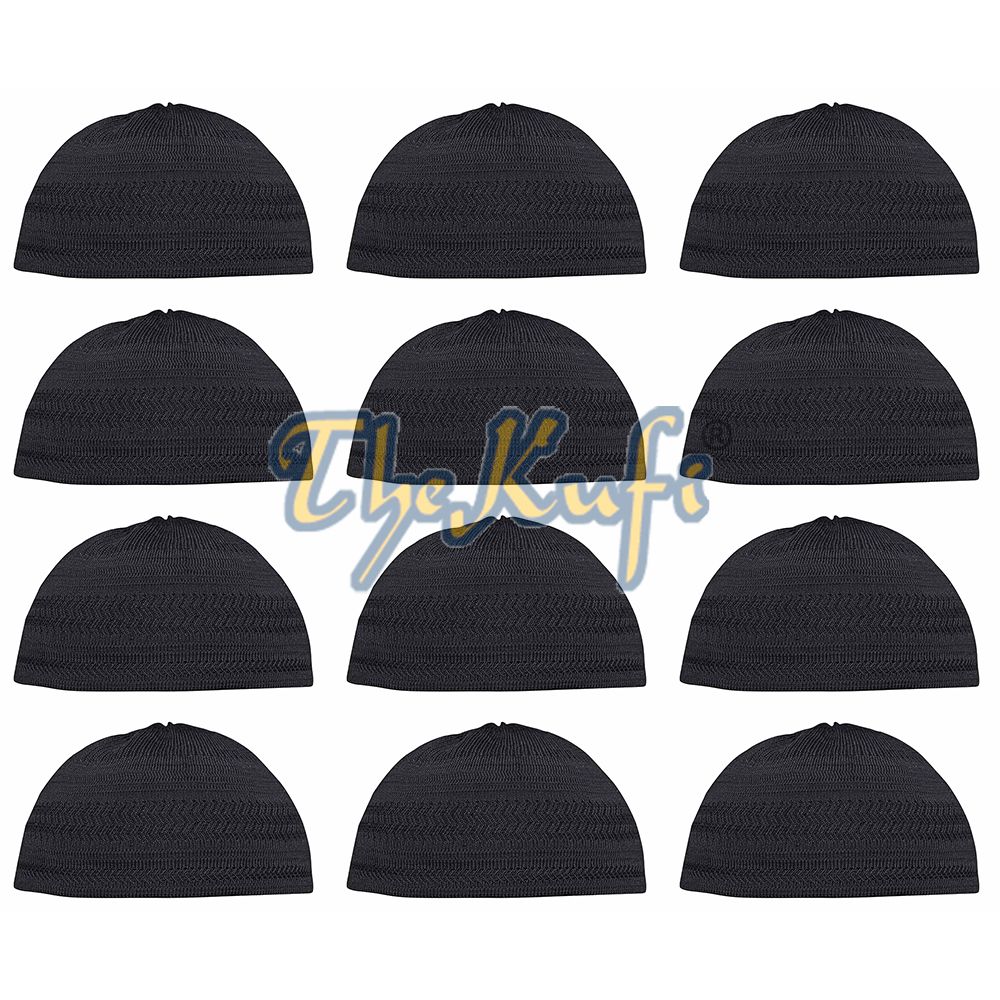Lot of 12 – Black Cotton Stretch-Knit Kufi Hat Skull Cap – Comfortable Fit – Design