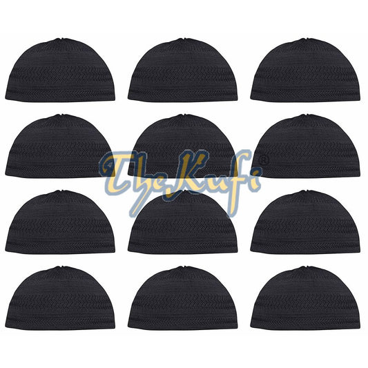 Lot of 12 – Black Cotton Stretch-Knit Kufi Hat Skull Cap – Comfortable Fit – Design