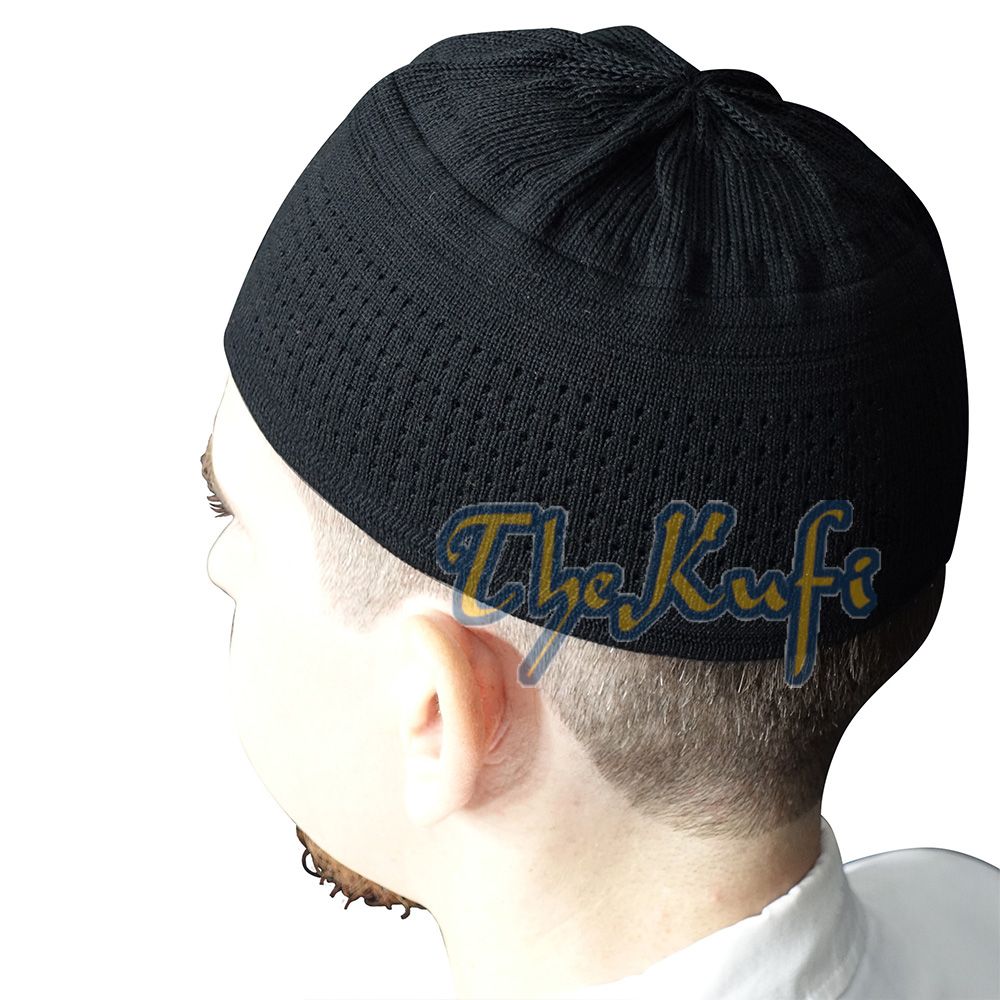 Black Kufi Hat For Prayer – Cotton-Mix Soft Stretch-Knit Islamic Namaz Salah Cap