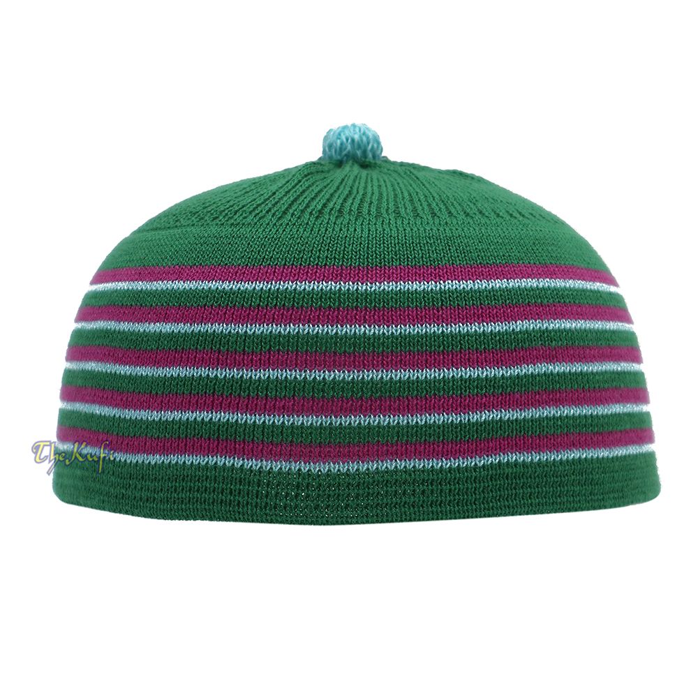Green with Hot Pink and Turquoise Lines Baby Or Infant Kufi Pompom Stretchable Beanie