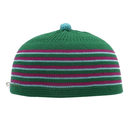 Green with Hot Pink and Turquoise Lines Baby Or Infant Kufi Pompom Stretchable Beanie