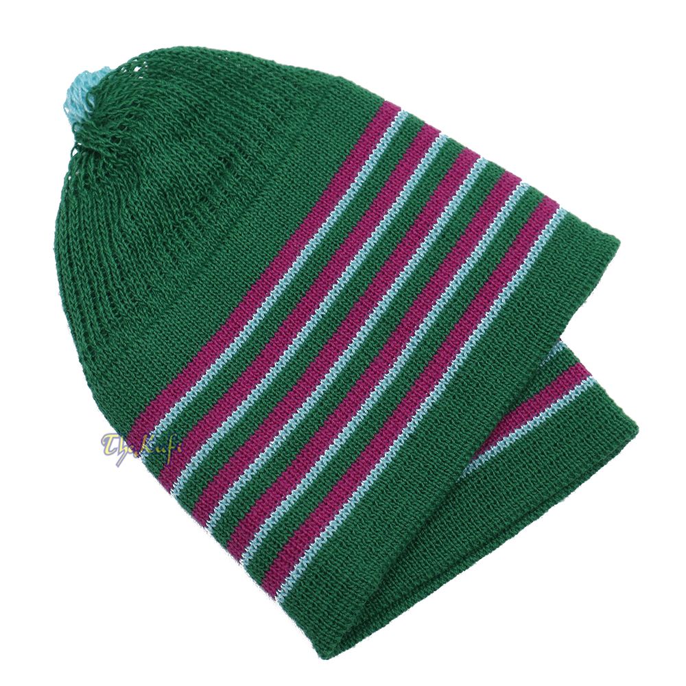Green with Hot Pink and Turquoise Lines Baby Or Infant Kufi Pompom Stretchable Beanie