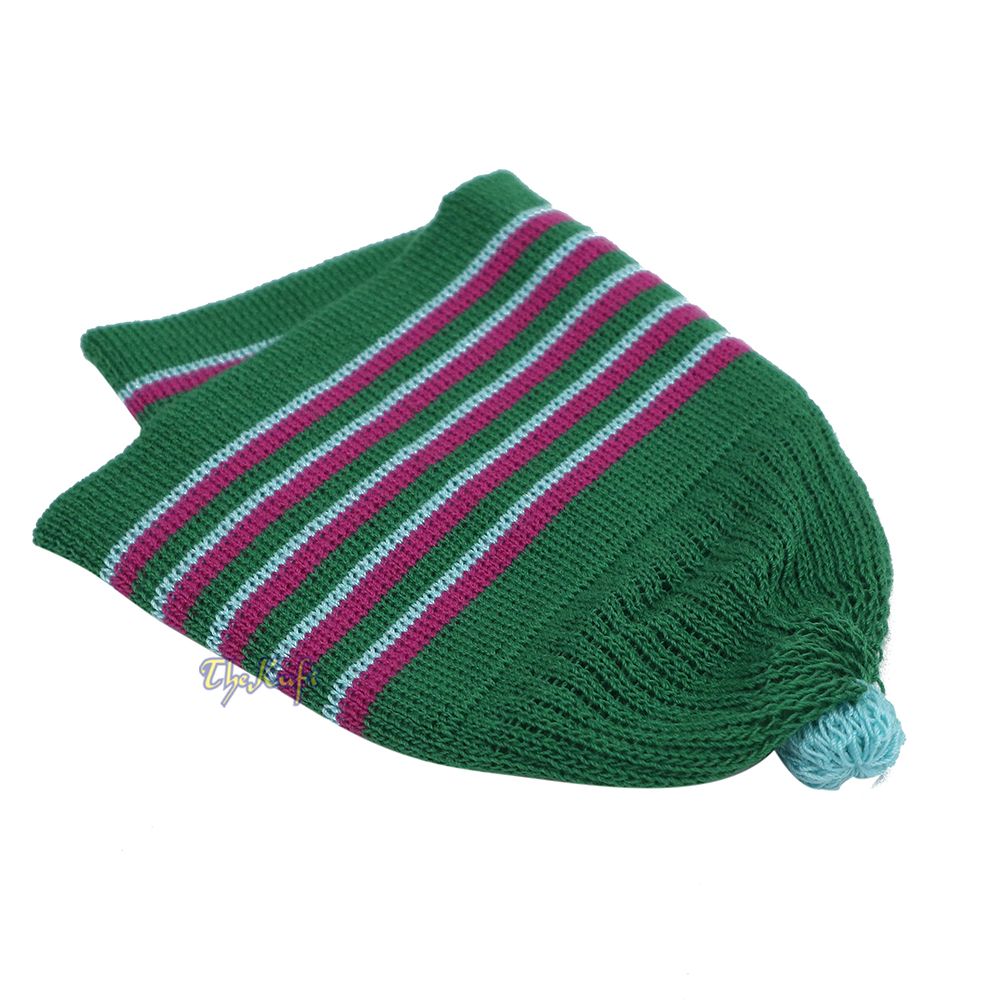 Green with Hot Pink and Turquoise Lines Baby Or Infant Kufi Pompom Stretchable Beanie