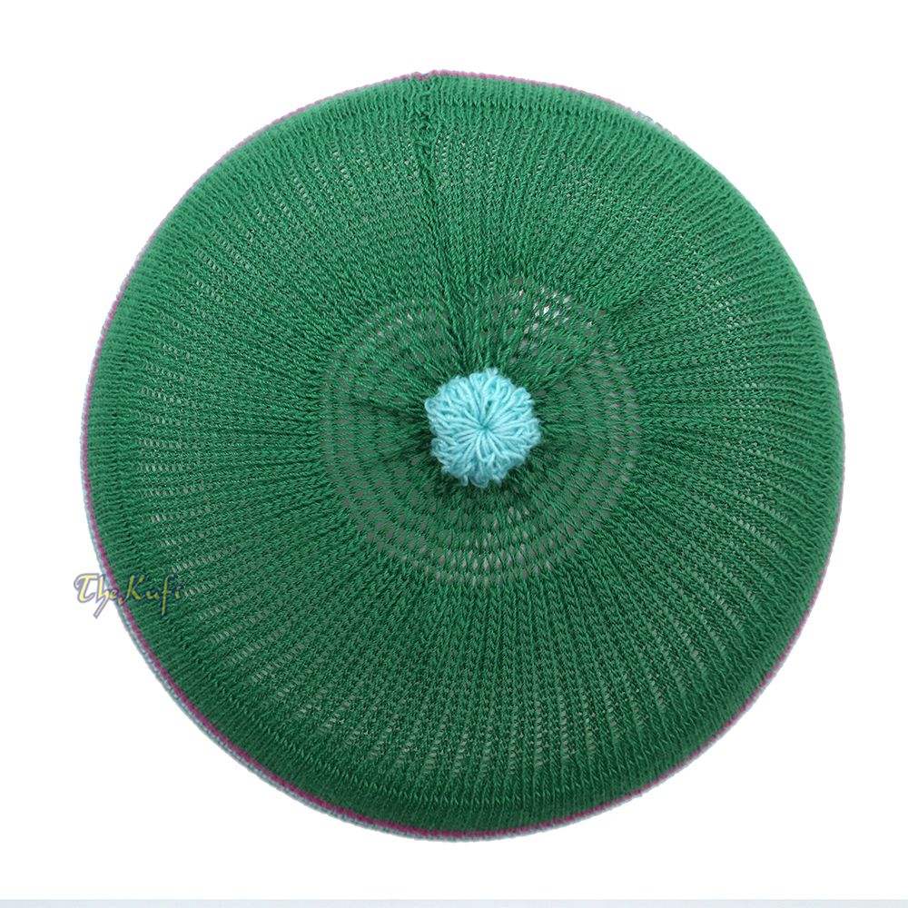 Green with Hot Pink and Turquoise Lines Baby Or Infant Kufi Pompom Stretchable Beanie